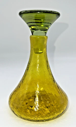 Mid Century Modern Blenko Yellow Green Crackle Glass 5.5" Decanter with Stopper