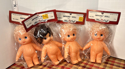 Vtg lot 4 1990's Fibre-Craft 5.5'' Impkins Dolls #3319 blonde, brunette NOS