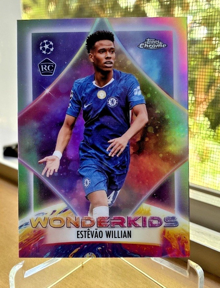 Estevao Willian #WK-3 Soccer Cards 2025 Topps Chrome UEFA Wonderkids trading card — raw and PSA graded price guide