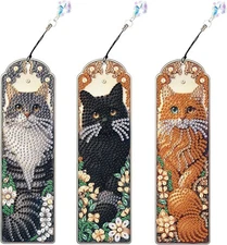 3pcs 5D Diamond Art Painting Bookmarks with Crystal Pendant, DIY Pecial Cat