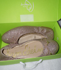 Sam Edelman Girls Glitter Bow Elastic Ballet Flats Gold Size 4
