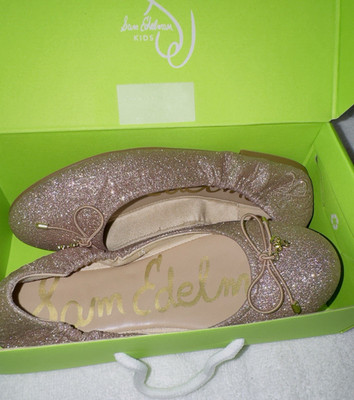 Sam Edelman Girls Glitter Bow Elastic Ballet Flats Gold Size 4
