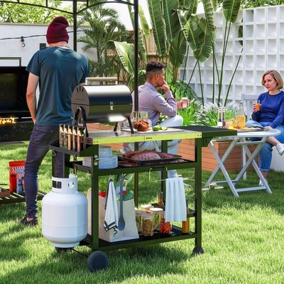 Movable Stainless Steel 3-Shelf Outdoor Grill Cart w/ Side Table