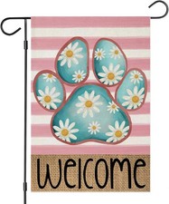 Welcome Spring Garden Flags for Outside, Dog Paw with Daisy Flowers Stripes Yard