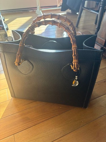 Gucci Bamboo Handle Black Handbag Excellent From Japan