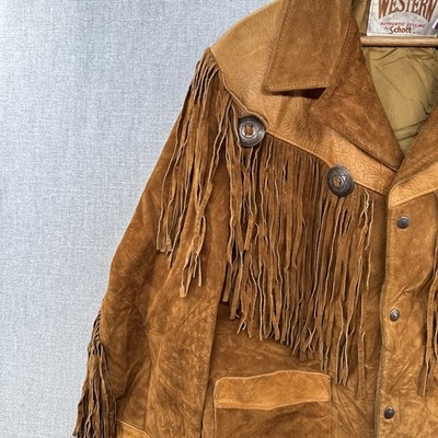 VTG Schott Leather Suede Western Jacket Mens 42 Brown Fringe Snap