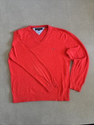 Tommy Hilfiger V-Neck Pullover Rot Gr. L 100% Baumwolle Logo-Stick Herren Pulli