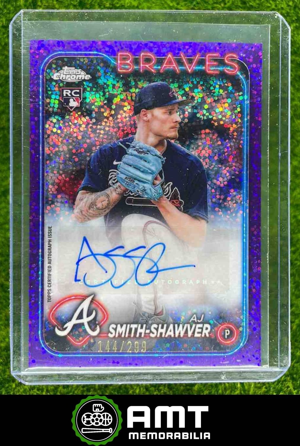 AJ Smith-Shawver RC 2024 Topps Chrome Update 144/299 Auto Purple Speckle Braves