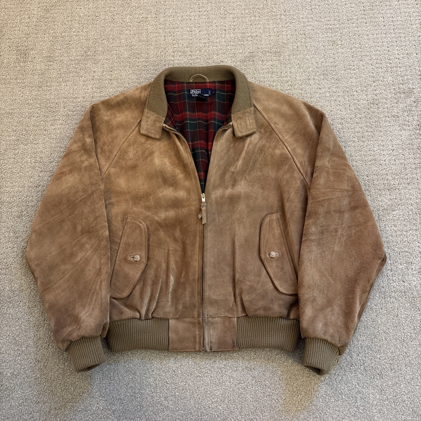 Vintage Polo Ralph Lauren Snuff Suede Harrington Jacket Mens Large Plaid Lined