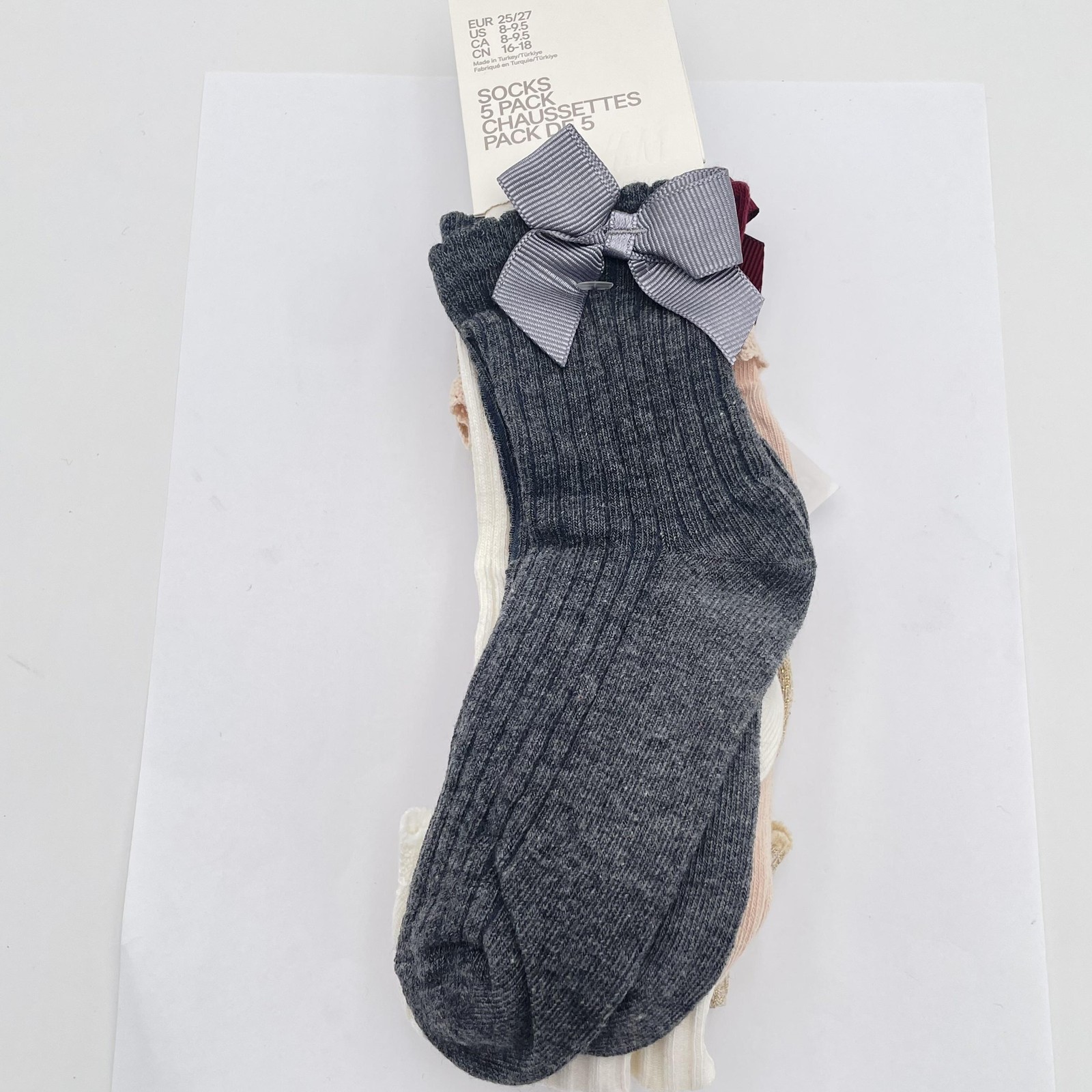 H&M Socks Girls US 8-9.5 Multi Color 5 Pack Bow Lace Ruffle Ribbed Crew