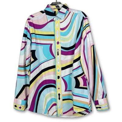 Emilio Pucci Shirt Men's Size Large Long Sleeve 100% Cotton All Over Print