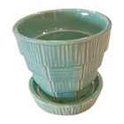 Vintage McCoy 3" Aqua Blue Flower Pot Basketweave w/Attached Saucer