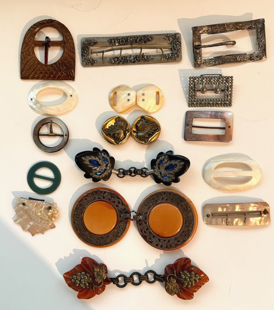 16 Piece Edwardian to Art Deco Bakelite Belt Buckle Collection