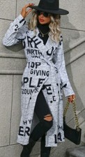 Grey Graphic Print Letters Belted Longline Trench Coat Mac Coatigan Size 10-12 