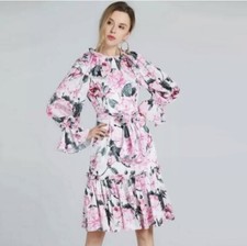 NWOT FLOWER PRINT LONG SLEEVE RUFFLE PLEATED DRESS,S