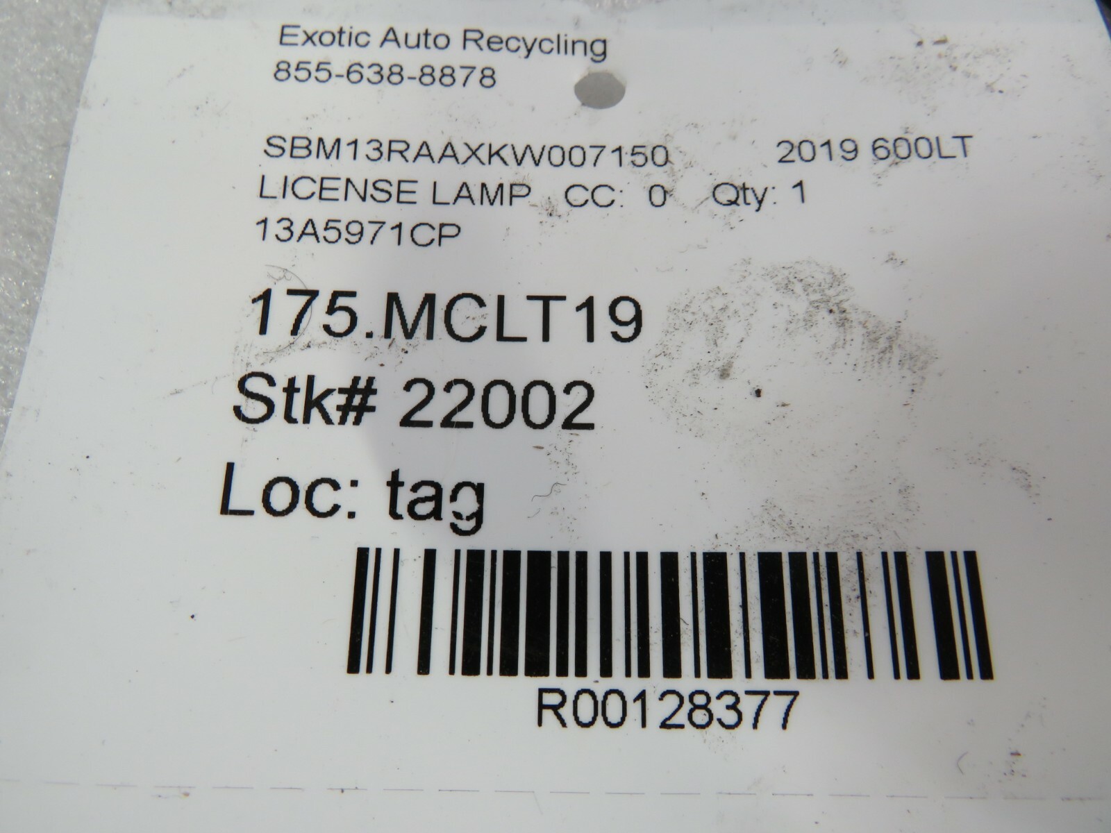 Mclaren 600LT, License Lamp, Used, P/N 13A5971CP