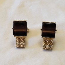 Vtg Swank Signed Cufflink Set Gold Tone Mesh Brown Thermoset Stones