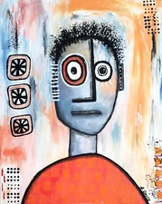 A.Z. Davis 20 x 16" Painting Abstract Modern Pop Art Street Folk Art Man Orange