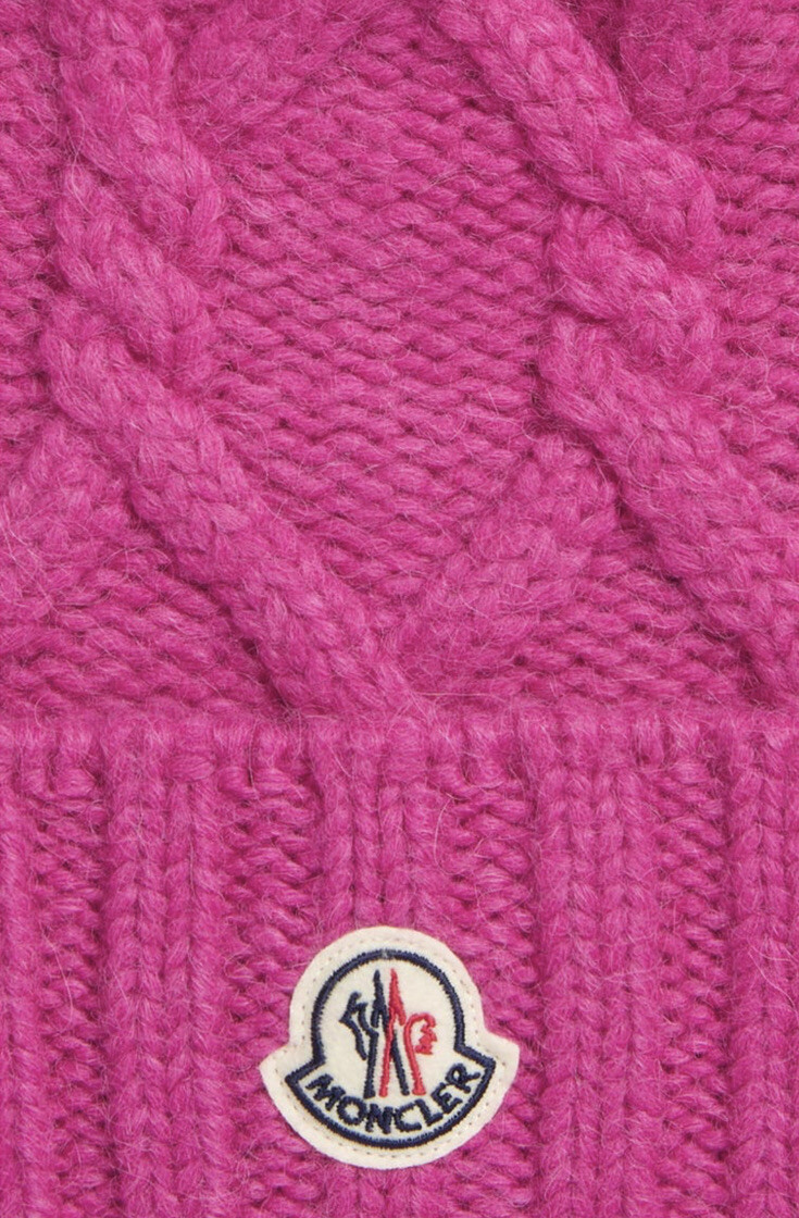 New Authentic Moncler Women Logo Patch Cable Knit Beanie Hat Pom