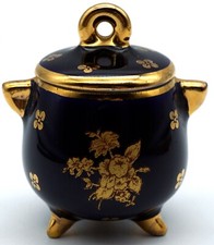 Miniature Limoges Porcelain Lidded Caldron Cobalt Blue Gold Decoration