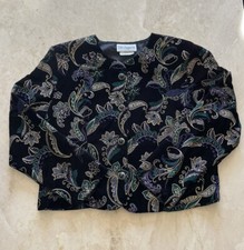 Vtg Velvet Blazer Jacket PL Paisley Floral Black Teal Whimsigoth Old Money USA