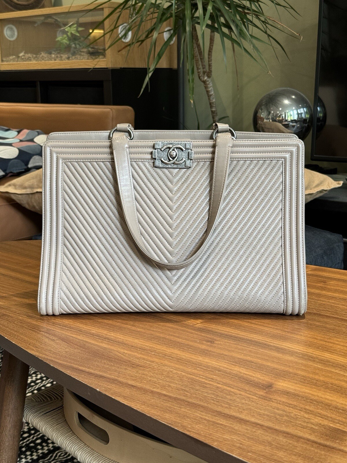 Chanel chevron pattern boy tote bag in beige