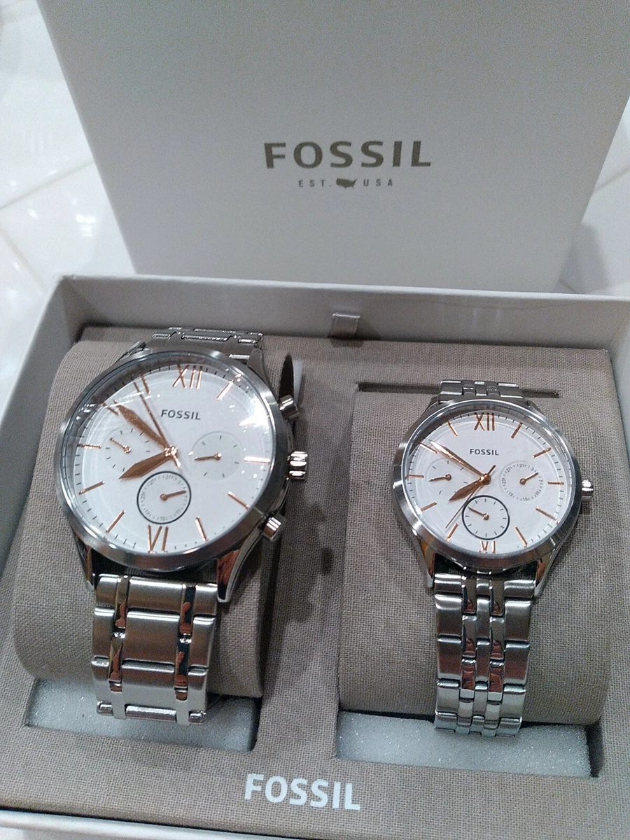 New Fossil Couple Set His Her Silver Watch Fenmore BQ2468SET