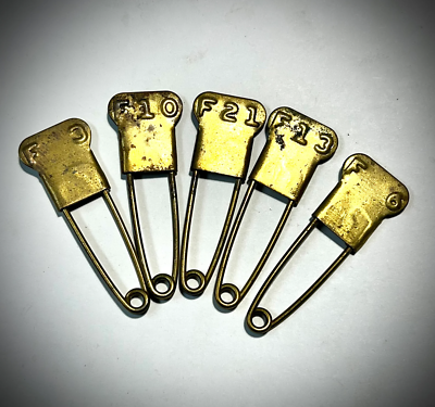 #ad Set of 5 Vintage Numbered Brass Military Laundry Pins Tags Keyes and Davis $8.50