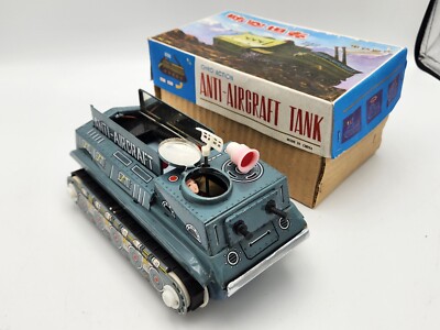 Vintage Gyro Action Anti-Aircraft Tin Tank Battery Operated Toy in Box *READ*
