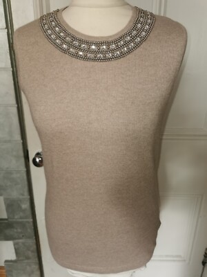 New Paul Costello Jumper 12 Beaded Neck Beige EX Long Body