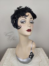 Vintage 1940's Black Feather Casque Style Hat Petals & Silver Pearls