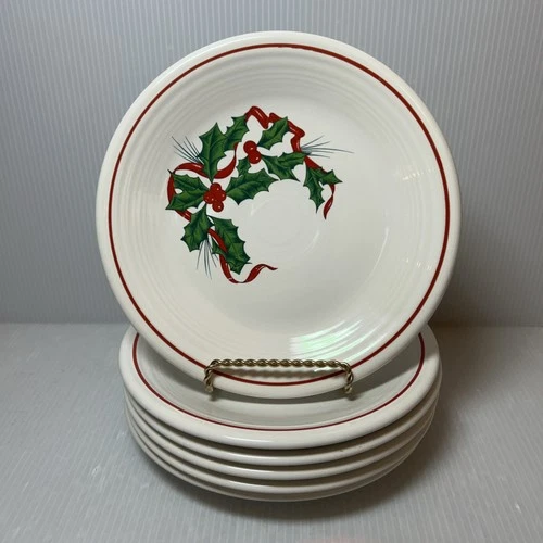 Set Of 6 Homer Laughlin HOLIDAY FIESTA Fiestaware Salad Plate, Holly w/ Ribbon