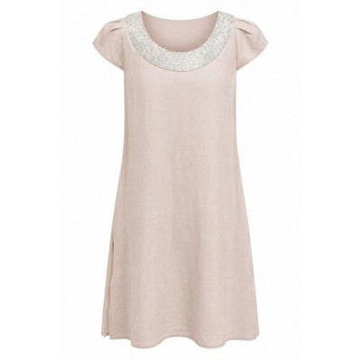 Calypso St Barth Shift Dress M Pink Linen Sequin Neck Mini Boho Coastal Summer