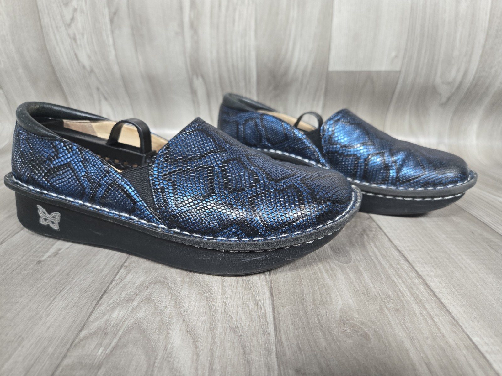 Alegria Debra Blue/ Black Python Clogs Size 8/8.5 - image 1