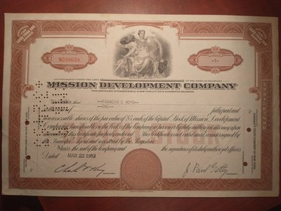 J. Paul Getty - 1953 Stock Certificate signed by World Richest Man J Paul Getty