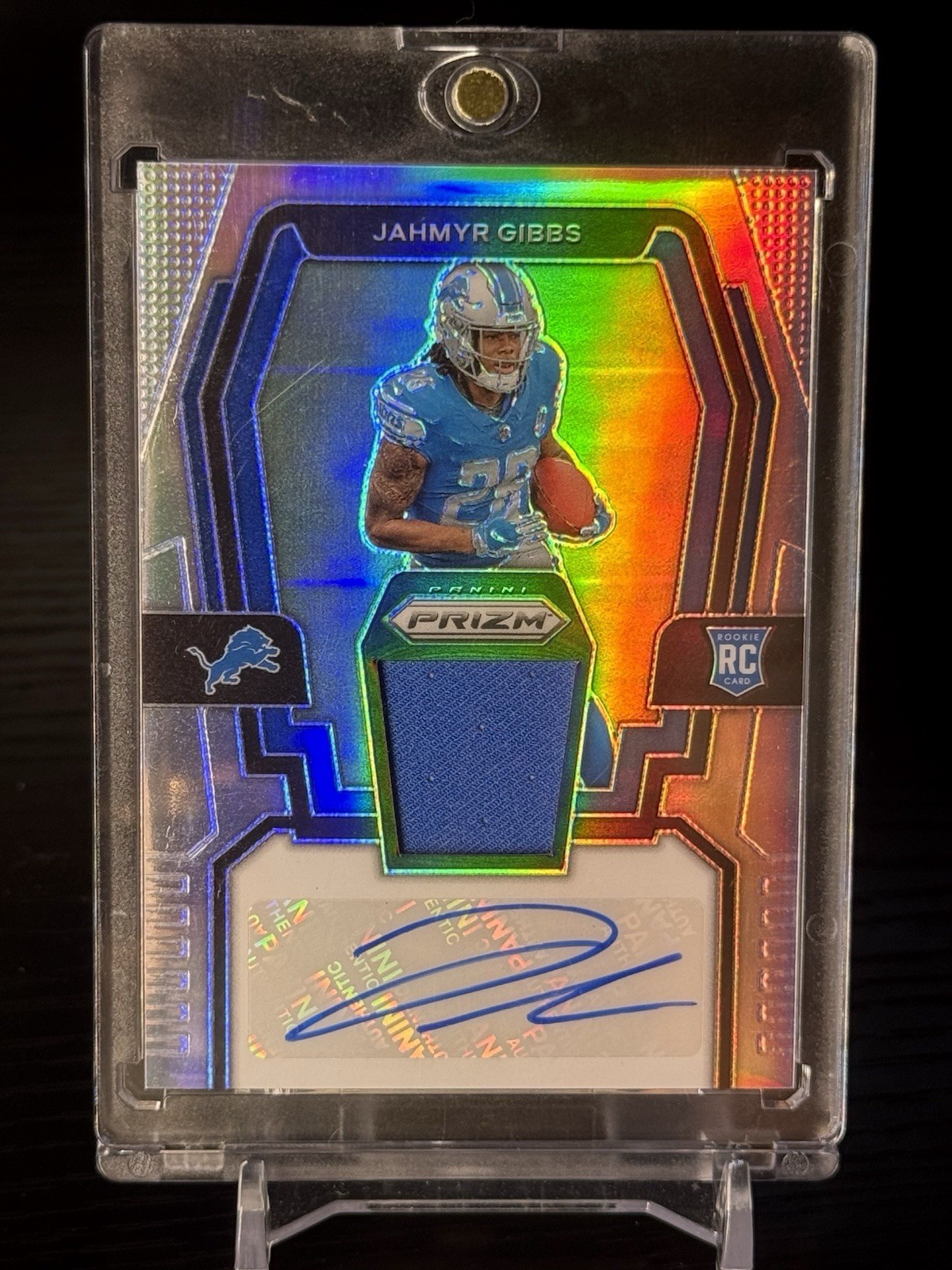 Jahmyr Gibbs RPA 16/99 Silver Rookie Patch Auto 2023 Panini Prizm #RPA-JG Lions