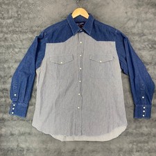 Vintage Wrangler Denim Sleeves Pearl Snap Long Tails Shirt Mens XL 17.5 36