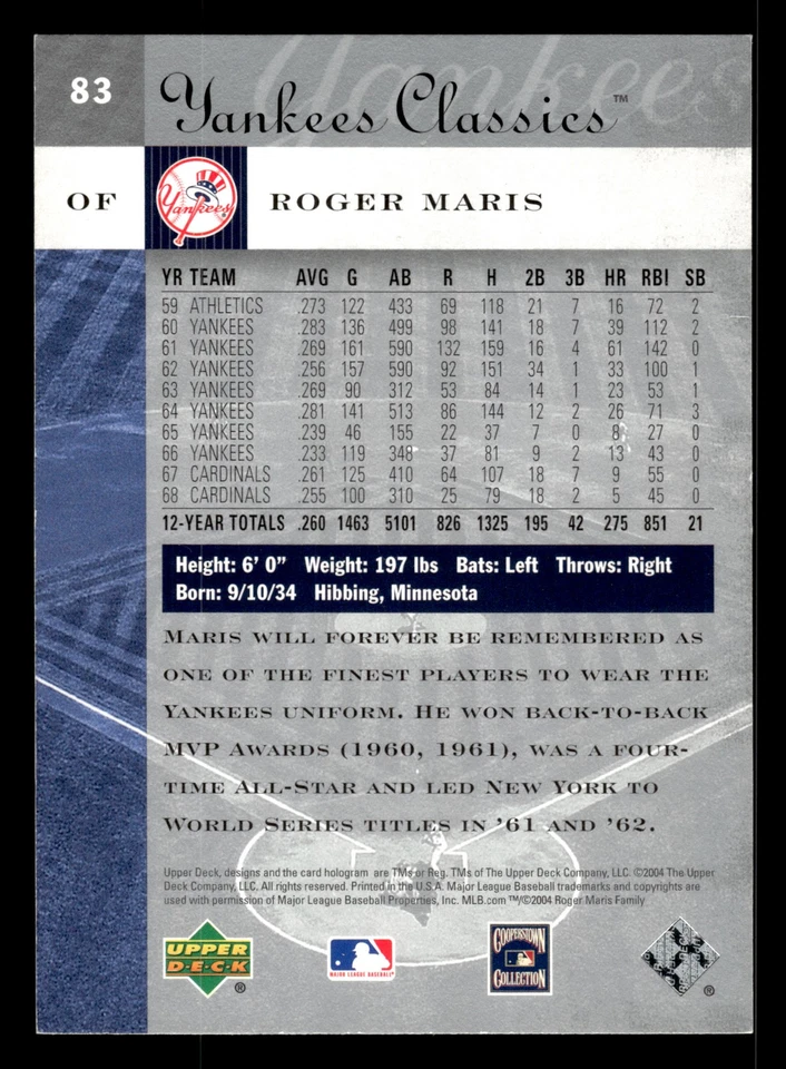 Roger Maris 2004 Upper Deck Yankees Classics #83 New York Yankees - Image 2 of 2