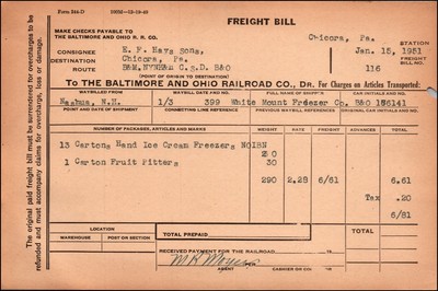 B&O Eisenbahn Frachtrechnung, Frachtbrief Nashua NH, White Mount Freezer Co., Gefrierschränke