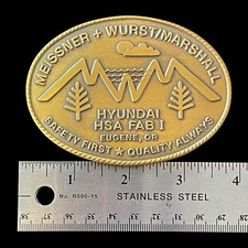 Brass Belt Buckle VTG HYUNDAI HSA FAB I Eugene OR Meissner Wurst Marshall Safety