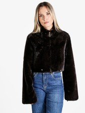 Solada Giacca donna cropped  in pelliccia sintetica con coulisse - moro