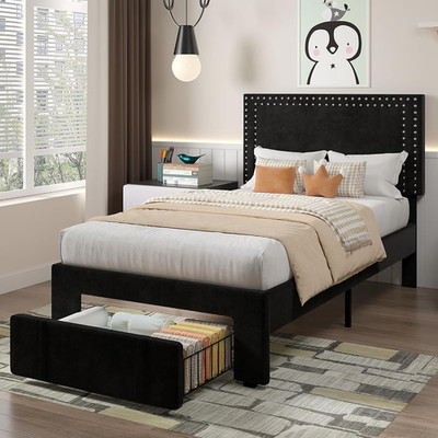Stylish Twin Upholstered Bed Frame with Storage Drawer & Adjustable Headboard