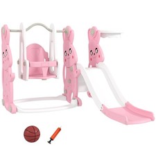 4 in 1 Toddler Slide and Swing Set w/ Climber, Basketball Hoop, Pink