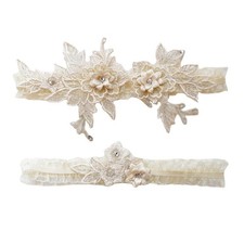 Bride Wedding Garter Set Flower Lace Appliques with Beaded Bridal Shower Gart...