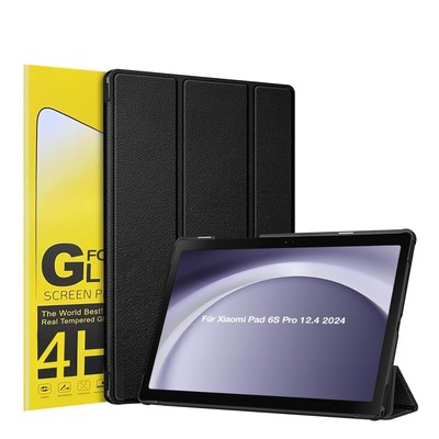 Tablet Schutzhülle für Xiaomi Pad 6S Pro 12.4 2024 Hülle Cover Schwarz Top Folie