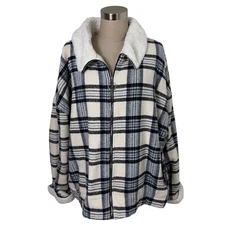 Sweet Rain Plaid Sherpa Lined Zip Up Jacket Womens 2X Cream Blue Black Cozy Warm