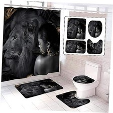 African Women and Lion Grey Shower Curtain Set with Non-Slip Rugs Grey Black