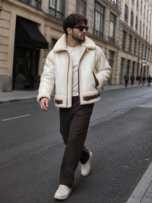 Men's White Real Sheep Leather Shearling Aviator B3 Bomber Jacket   Warm Streetw