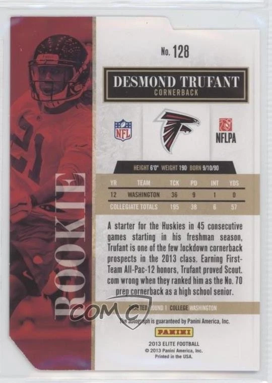 2013 Panini Elite Rookie Status Red Die-Cut /25 Desmond Trufant #128 Rookie RC - Image 2 of 2
