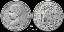 SPAIN, Alfonso XIII, 50 Centimos 1889 MP-M, VF+